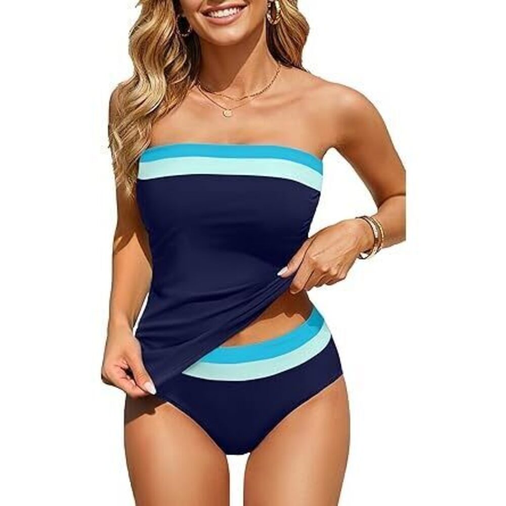 Navy Color Block Bandeau Tankini Swimsuits For Women - Two Piece Ruched Tummy